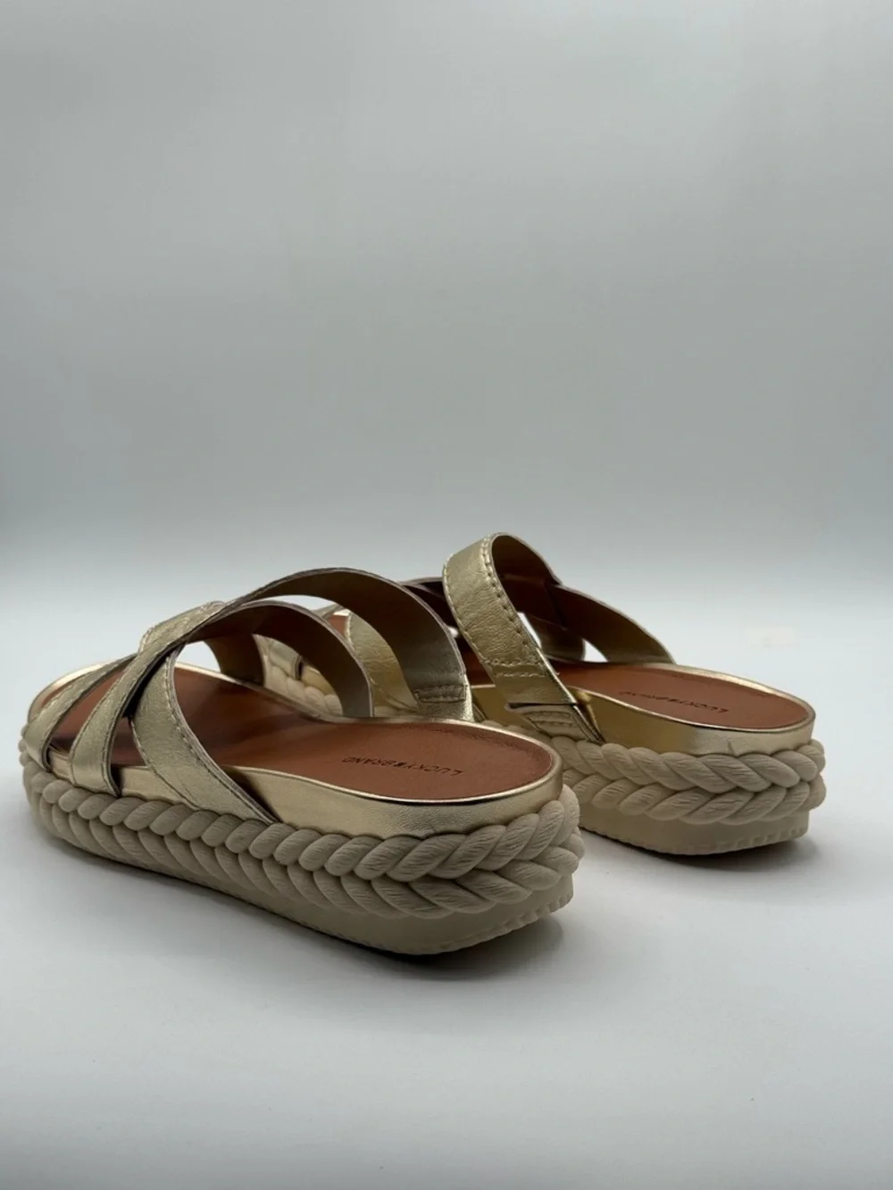 Lucky Brand Lofftee Gold Espadrille Slide Metallic Crisscross Sandals Size 10